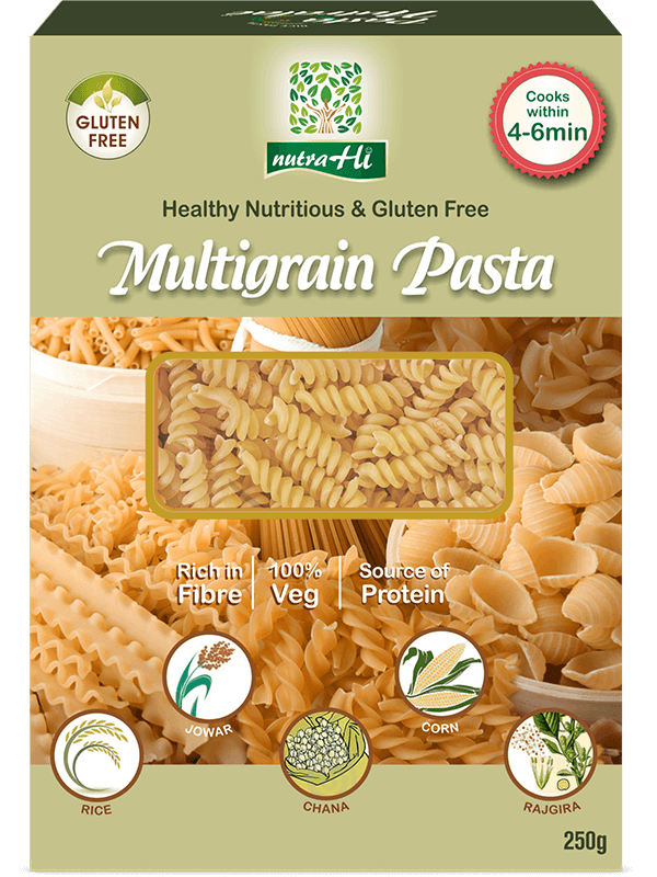 Description:
It is a power pack of 5 types of grains making it fiber rich. Multigrain Pasta contains sorghum, Amaranth, Corn, Bengal Gram and Rice.
Key Ingredients:
Sorghum, Amaranth, Corn, Bengal gram and Rice.